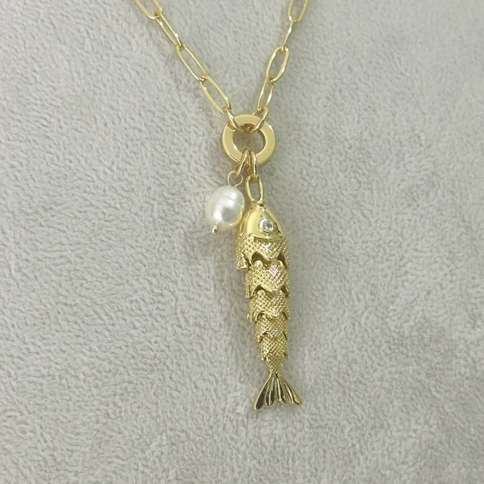 İncili Hareketli Balık Kolye Gold