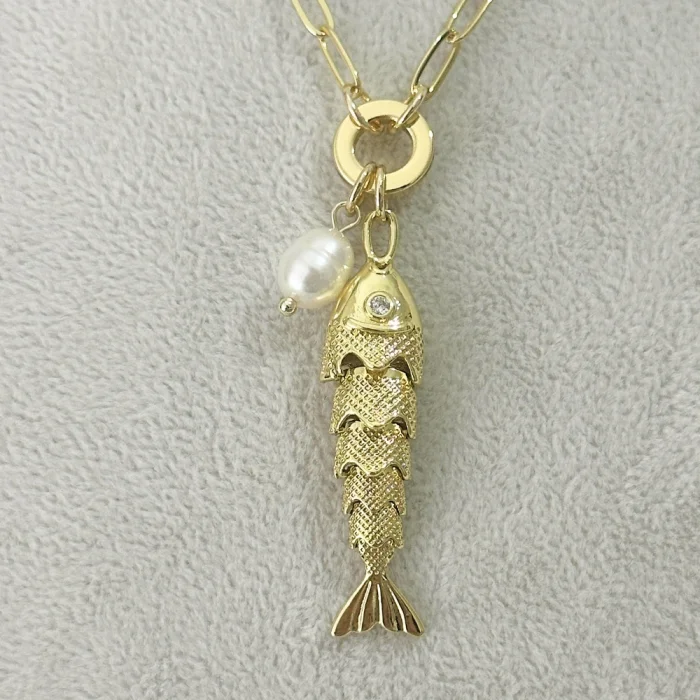 İncili Hareketli Balık Kolye Gold