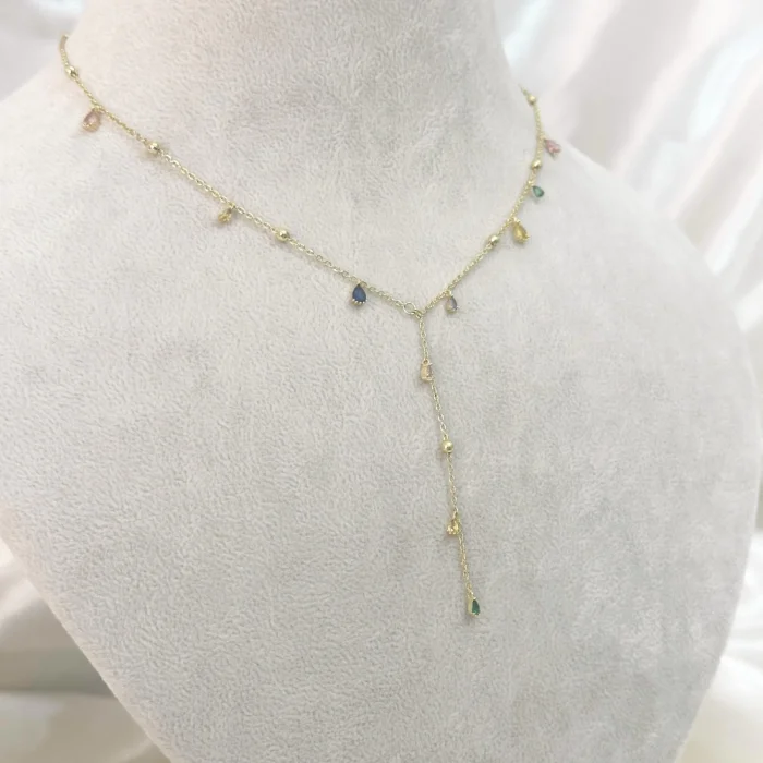 Renkli Taşlı Y Kolye Gold