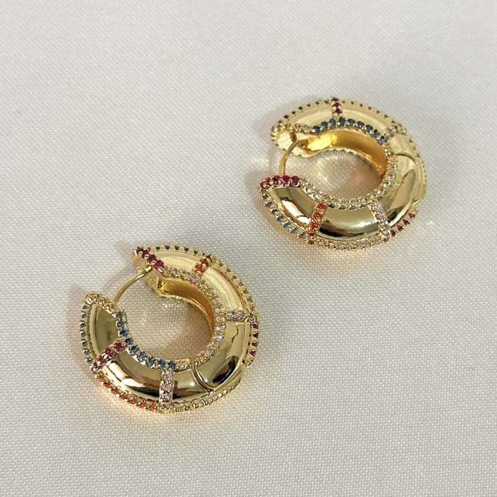 VIP Renkli Taşlı Gold Küpe