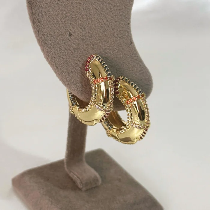 VIP Renkli Taşlı Gold Küpe