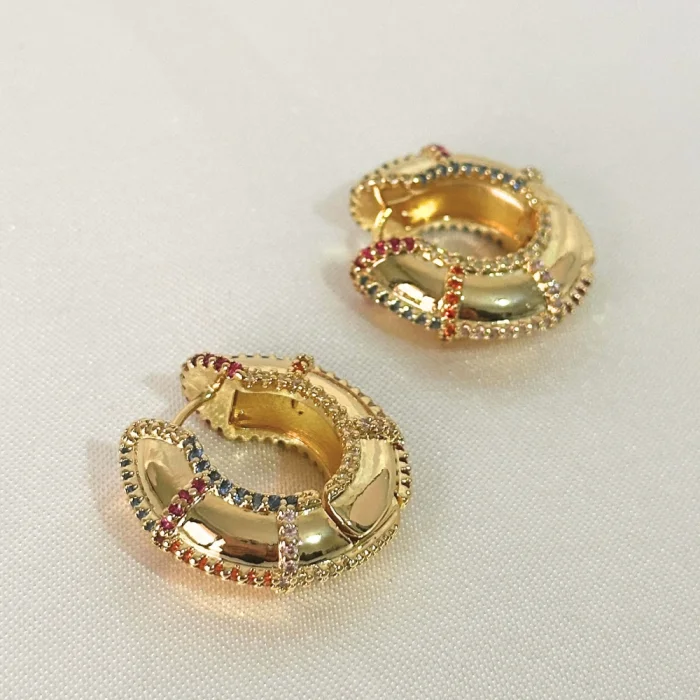 VIP Renkli Taşlı Gold Küpe