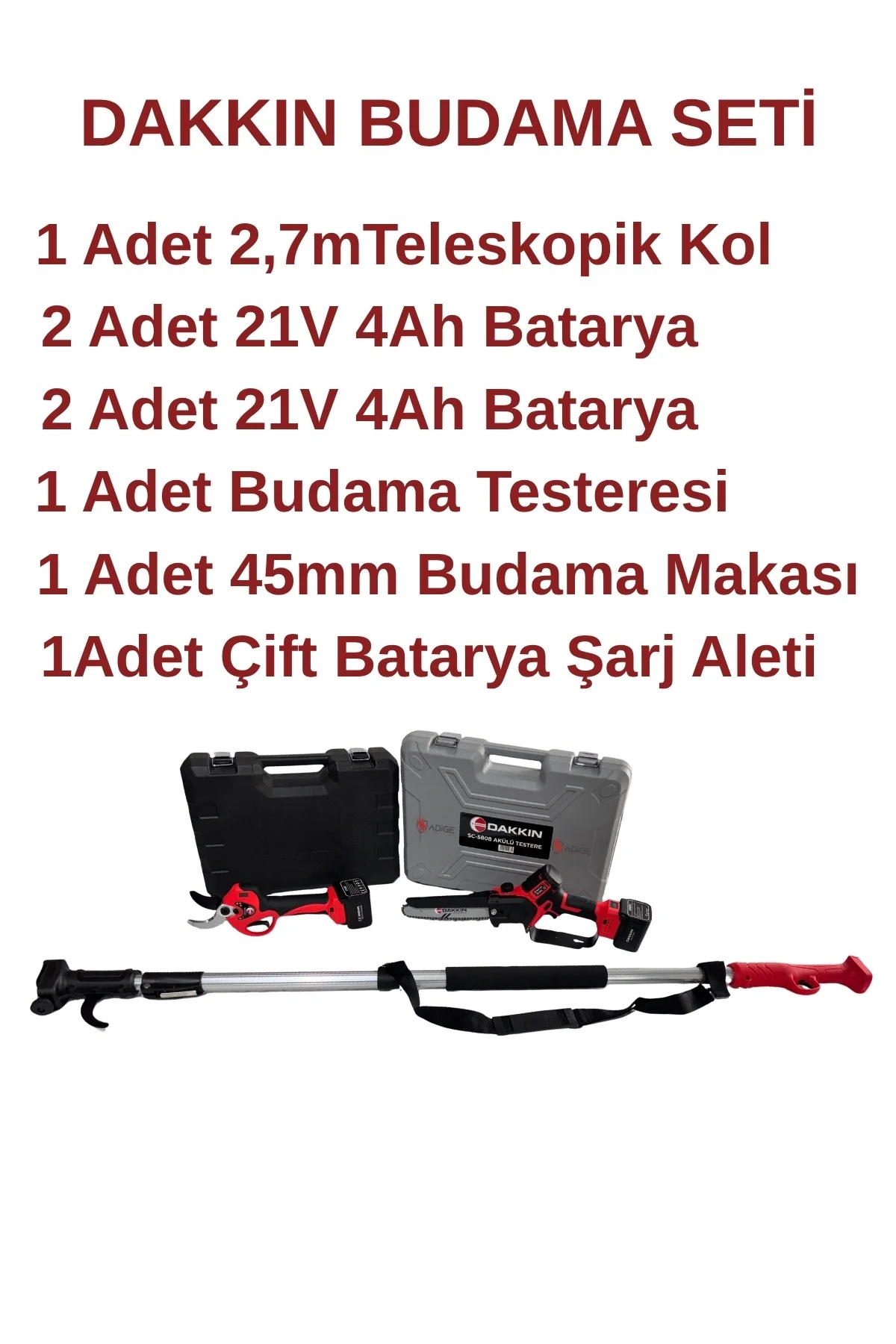 Dakkin Şarjlı Budama Testeresi, Budama Makası ve Uzatma Kolu Tam Set