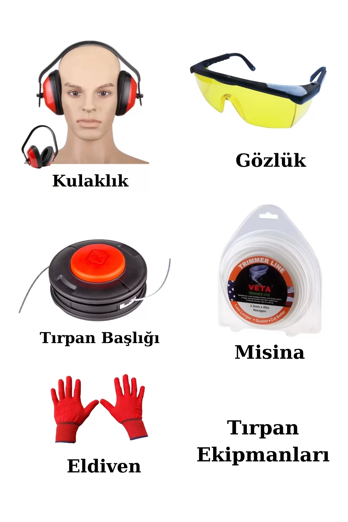 Motorlu Tırpan Ekipmanları Tırpan Başlığı-Gözlük-Kulaklık-Misina-Eldiven