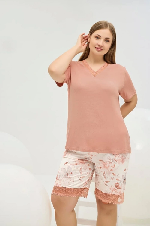 Büyük Beden Dantel detaylı Şortlu Pijama Takımı Somon renk