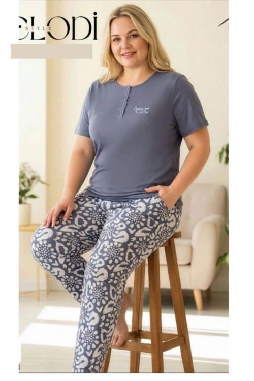 Büyük beden gri dört düğmeli %100 pamuk kadın pijama takımı