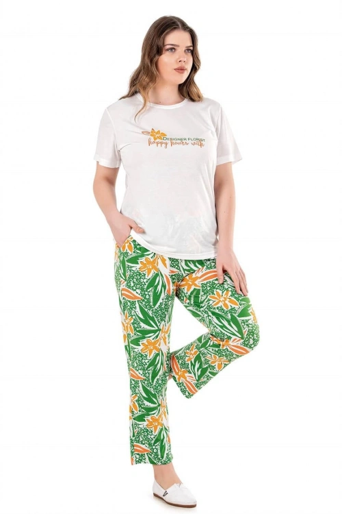 Büyük beden kadın modal pamuk yeşil desenli pijama takımı
