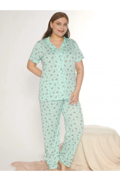 Büyük beden kadın yaprak desenli su yeşili önden düğmeli pijama takımı