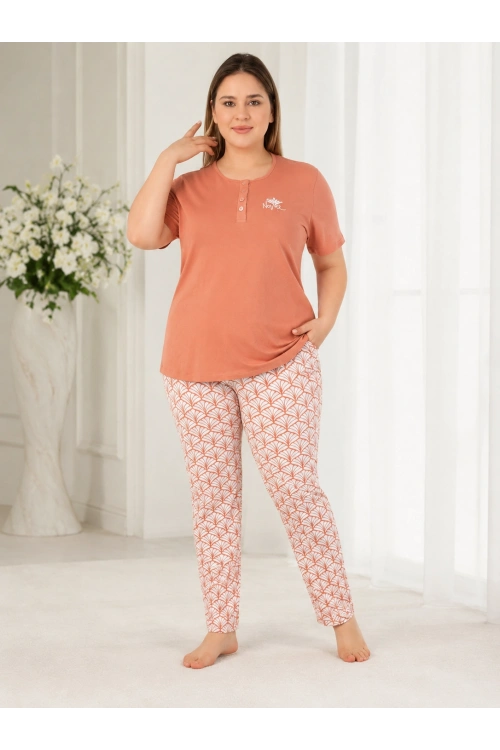 Büyük beden somon rengi üç düğmeli %100 pamuk kadın pijama takımı