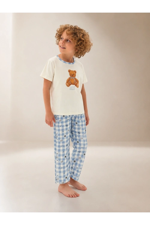 Erkek Çocuk ayıcık desenli mavi Pijama Takım