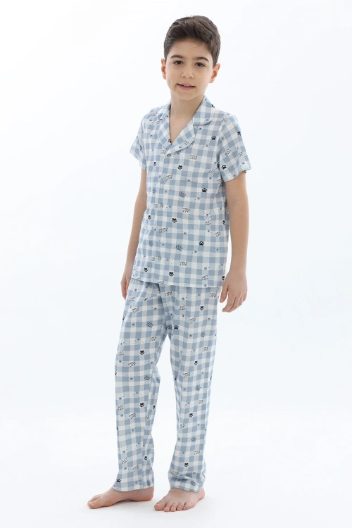 Erkek Çocuk kareli mavi Pijama Takım