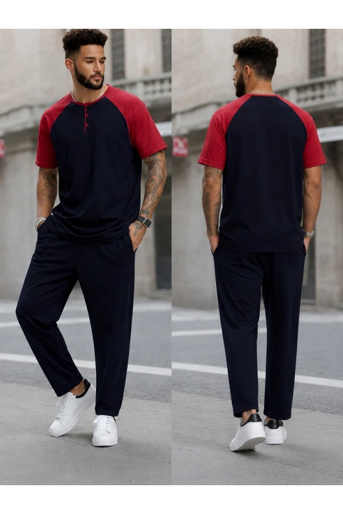 Erkek Kısa Kollu Pijama Takımı Yarım Dügmeli Üst Lacivert Kol kırmızı