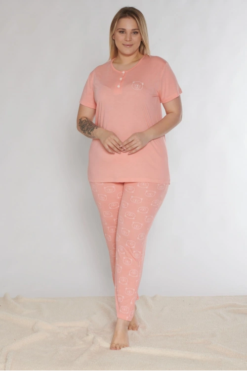 Kadın büyük beden K.somon rengi ayıcıklı pijama takımı