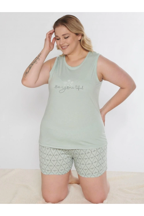 Kadın büyük beden mint yeşili şortlu pijama takımı