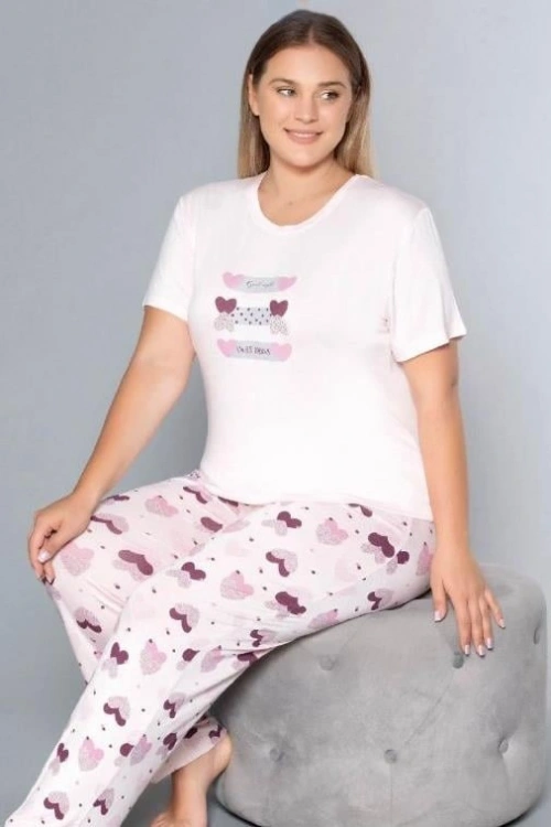 Kadın büyük beden pembe kalp desenli yumuşak dokulu pijama takımı