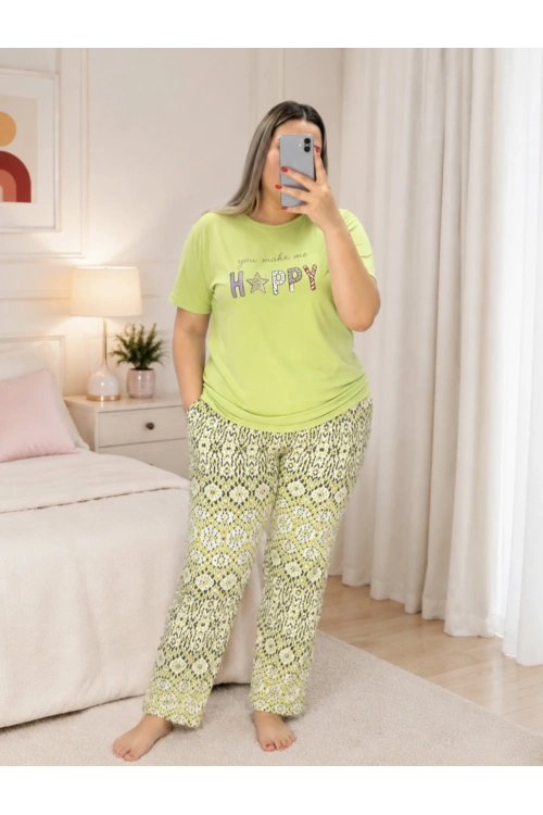 Kadın büyük beden yeşil desenli yumuşak dokulu pijama takımı