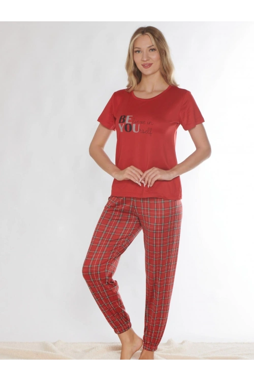 Kadın kırmızı viskon ekose desenli pijama takımı