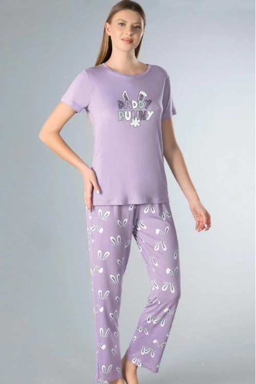 KADIN KISA KOLLU DADDY BUNNY YAZILI MOR PİJAMA TAKIMI