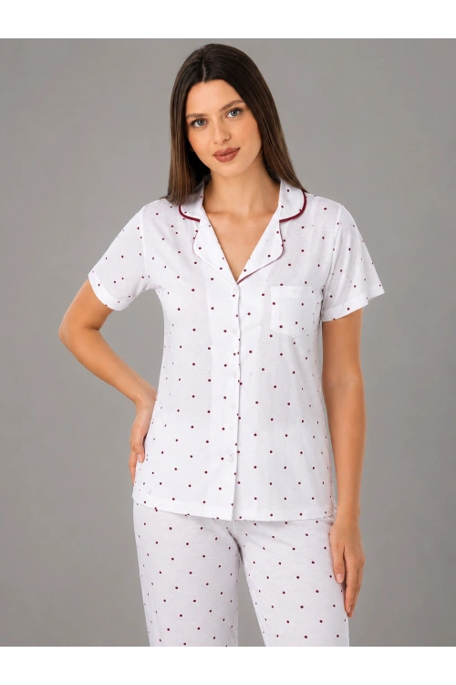 Kadın komple düğmeli beyaz bordo  benek detaylı pijama takımı