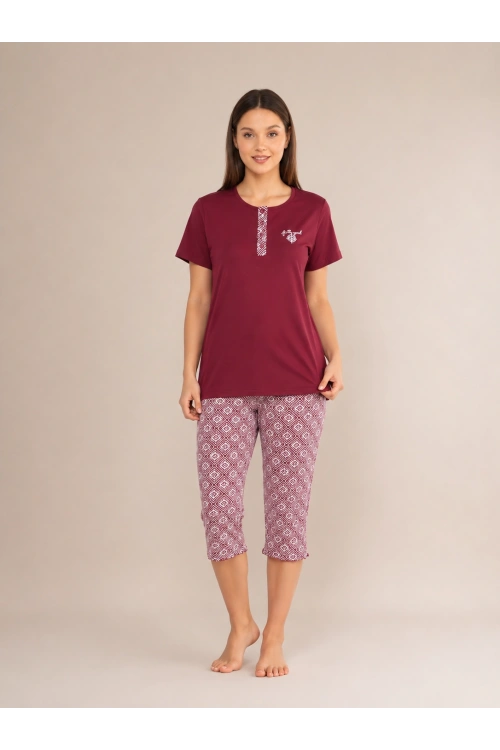 Kaprili bordo  %100 pamuk kadın pijama takımı