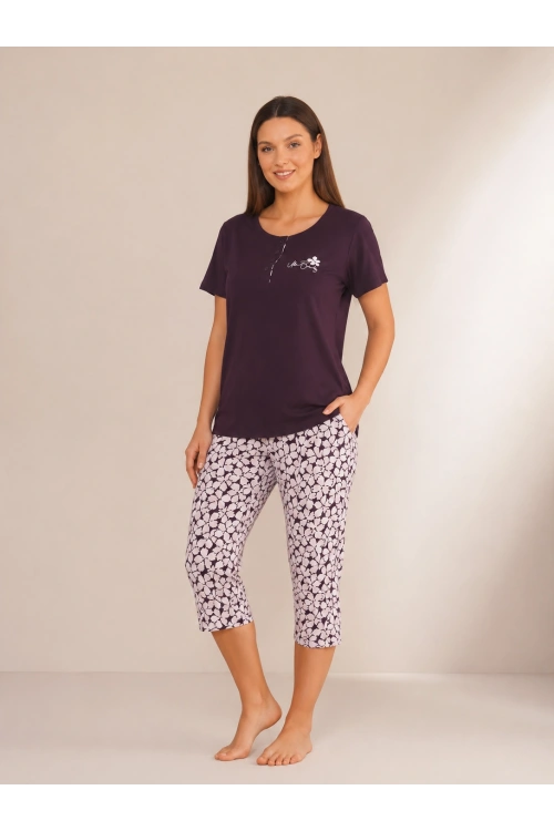 Kaprili mor %100 pamuk kadın pijama takımı