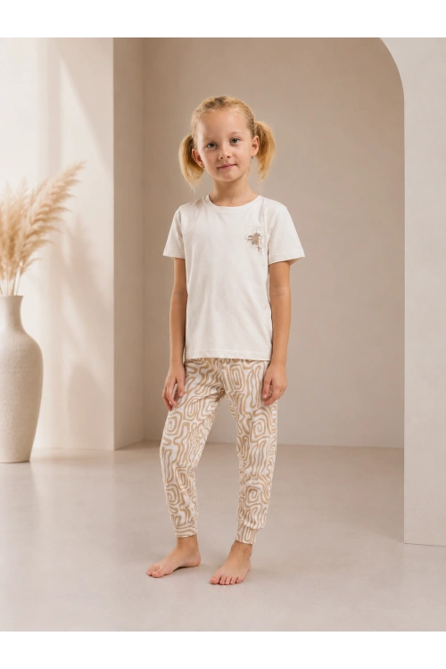 Kız çocuk beyaz üst bej desenli altılı pijama