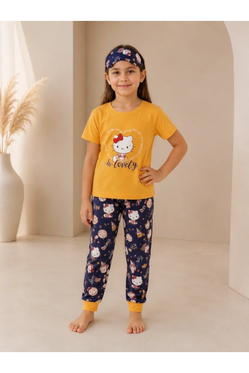Kız çocuk hello kitty li göz bandanalı pijama takımı
