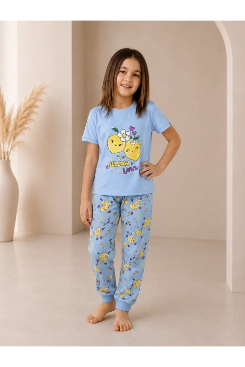 Kız çocuk limon desenli mavi pijama takımı