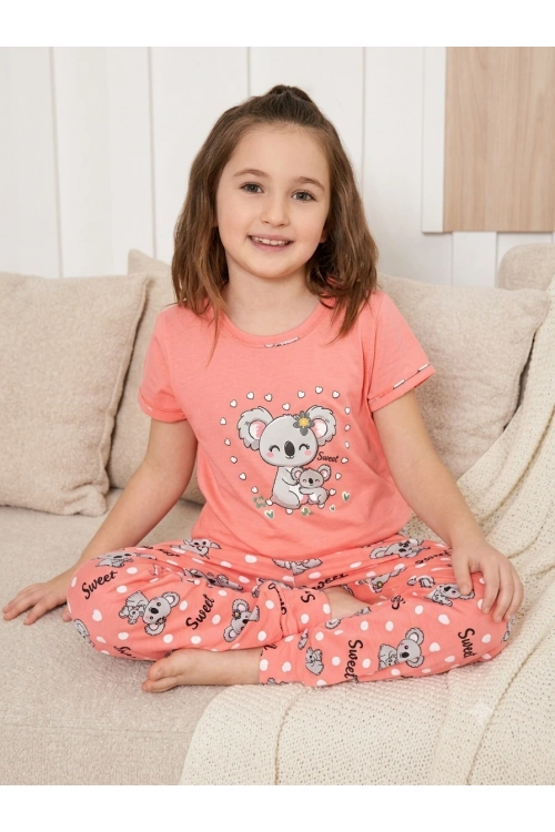 Kız çocuk pembe kuala desenli pijama takımı