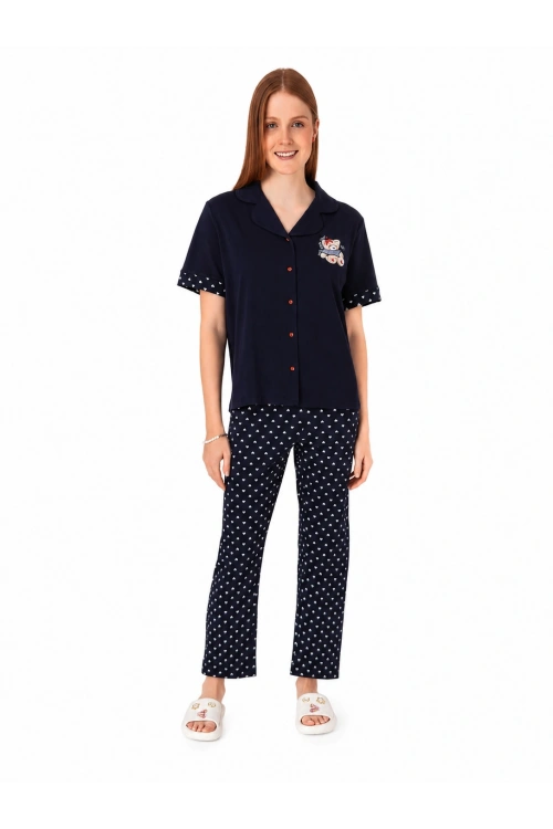 Lacivert ayıcık detaylı önden düğmeli pijama takımı