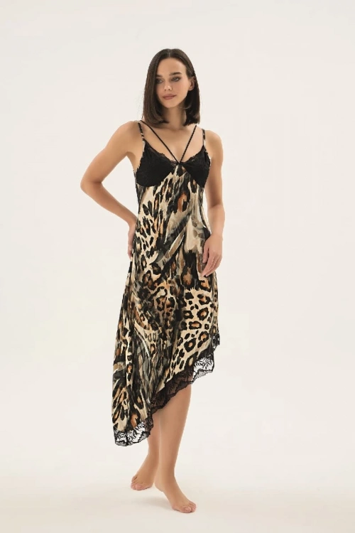 Leoparlı Desenli asimetrik kesim gecelik