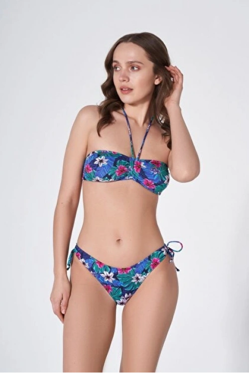 Mavi Çiçek desenli boyundan bağlamanız straplez bikini takımı