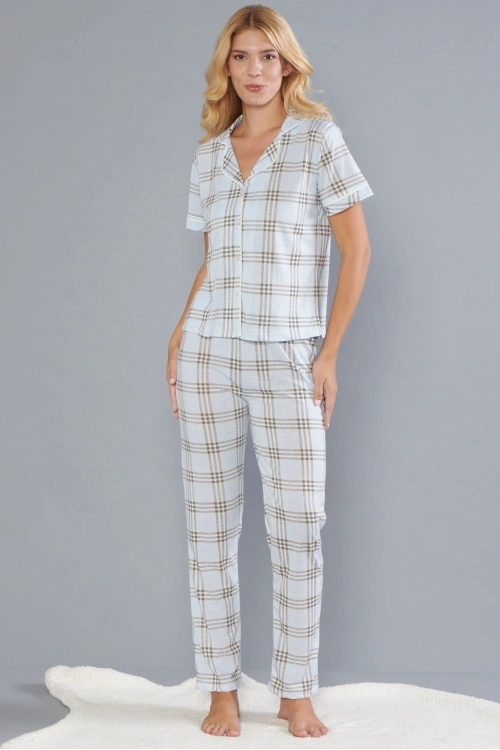 Mavi önden düğmeli pijama takımı