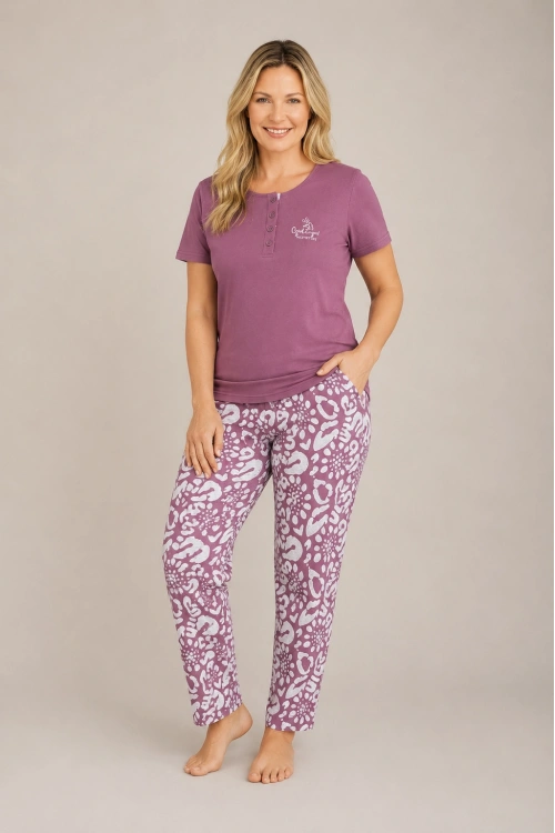 Mor %100 pamuk altı desenli pijama takımı