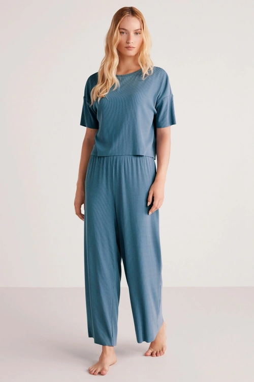 Penyemood Bisiklet yaka rahat kesim mavi pijama takımı 9457
