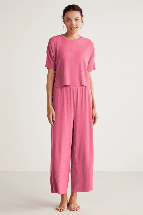 Penyemood Bisiklet yaka rahat kesim pembe pijama takımı 9457