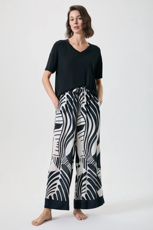 Penyemood Zebra desenli v yakalı geniş paça pantolon takmı