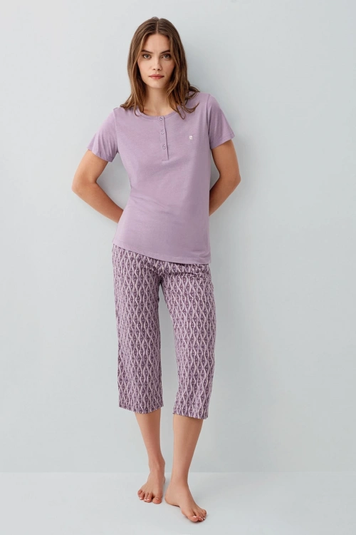 Pierre Cardin üç düğmeli kaprili mor pijama takımı