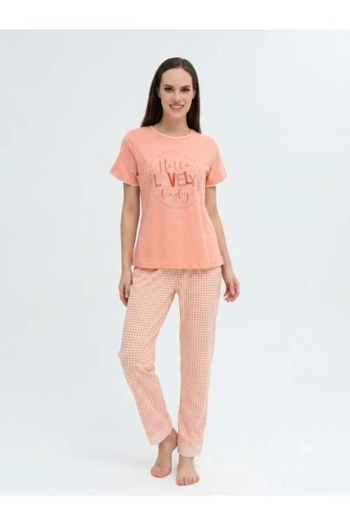somon rengi kısa kollu altı kareli pijama takımı