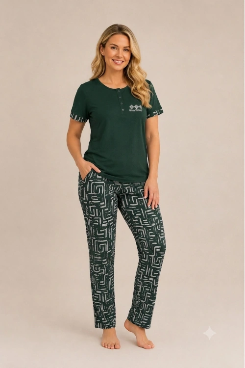 Yeşil %100 pamuk altı desenli pijama takımı