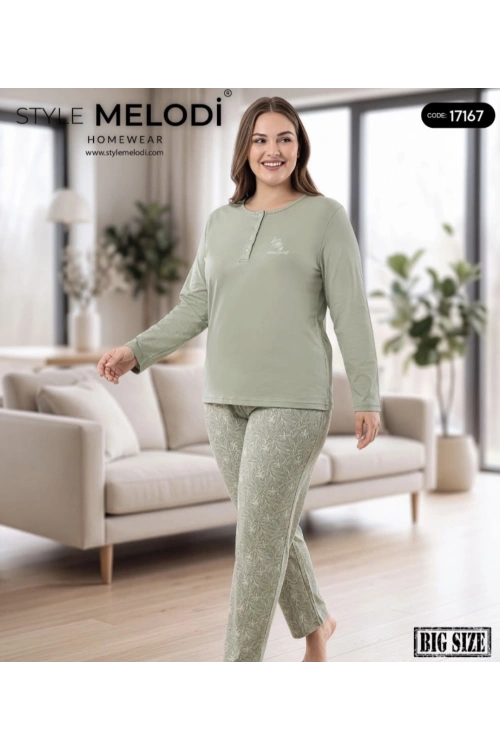Melodi Yeşil pamuklu büyük beden pijama takımı