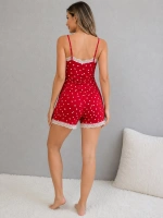 Askılı Dantel Detaylı Kırmısı Kalp desenli Pijama takımı