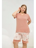 Büyük Beden Dantel detaylı Şortlu Pijama Takımı Somon renk