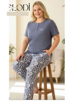 Büyük beden gri dört düğmeli %100 pamuk kadın pijama takımı