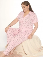 Büyük beden kadın yaprak desenli pembe önden düğmeli pijama takımı