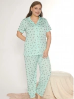 Büyük beden kadın yaprak desenli su yeşili önden düğmeli pijama takımı
