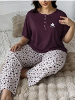 Büyük beden mor üç düğmeli %100 pamuk kadın pijama takımı