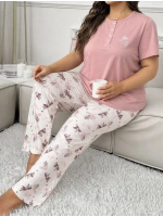 Büyük beden pembe çiçek desenli üç düğmeli %100 pamuk kadın pijama takımı