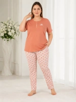 Büyük beden somon rengi üç düğmeli %100 pamuk kadın pijama takımı