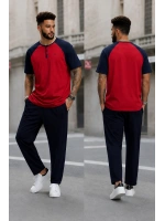 Erkek Kısa Kollu Pijama Takımı Yarım Dügmeli Üst Kırmızı Altı Lacivert